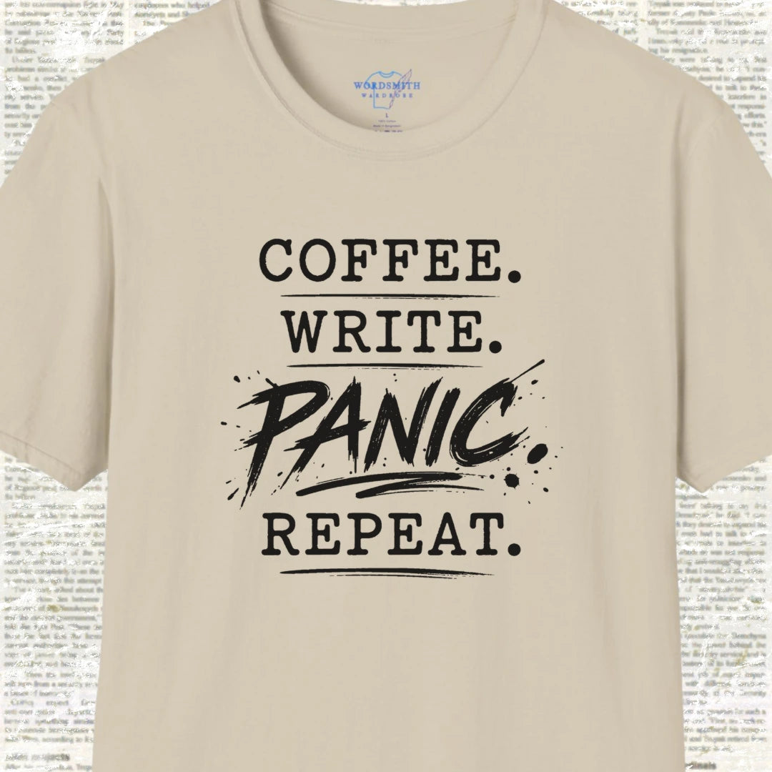 Coffee. Write. Panic. Repeat. – Shirt - Sand
