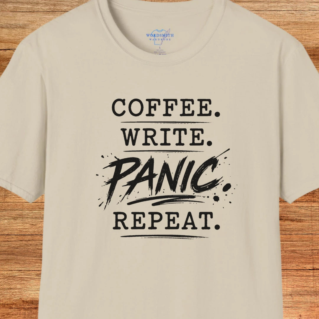 Coffee. Write. Panic. Repeat. – Shirt - Sand
