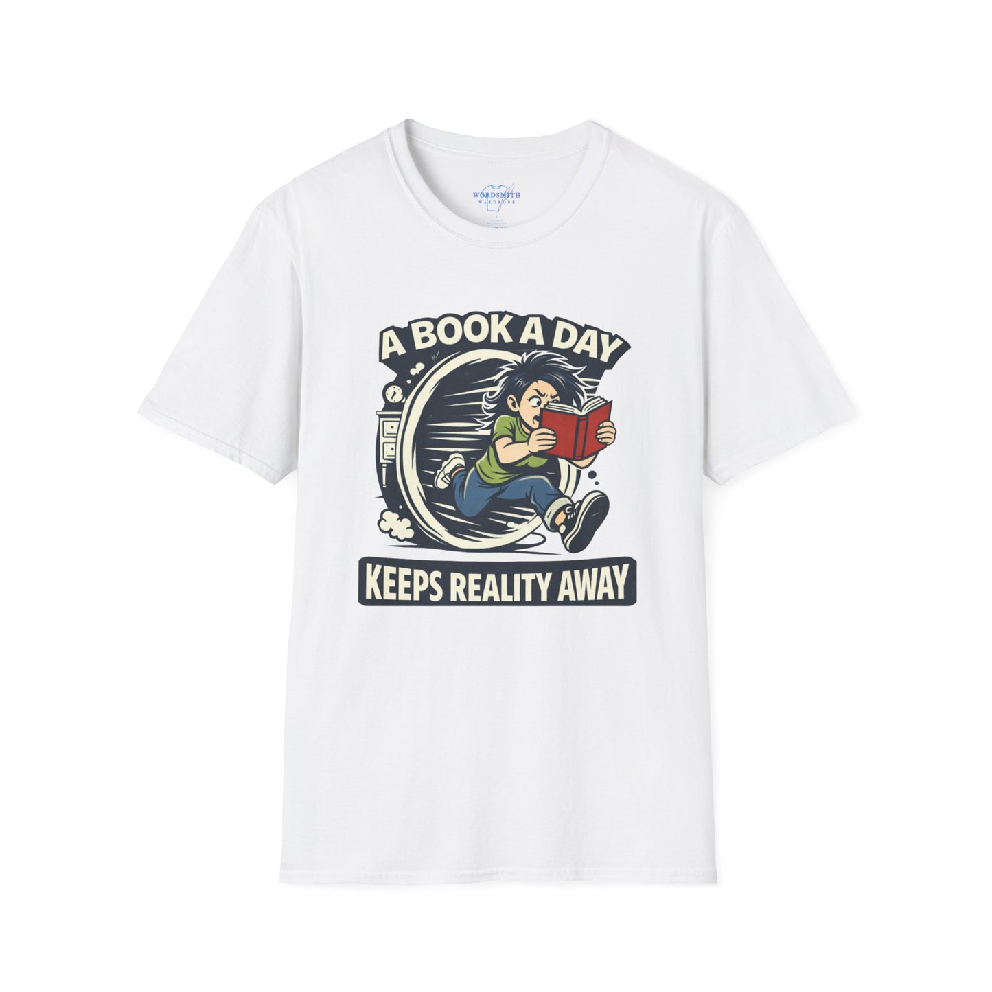 A Book a Day Keeps Reality Away – Girl Reader Escape Shirt (female character)