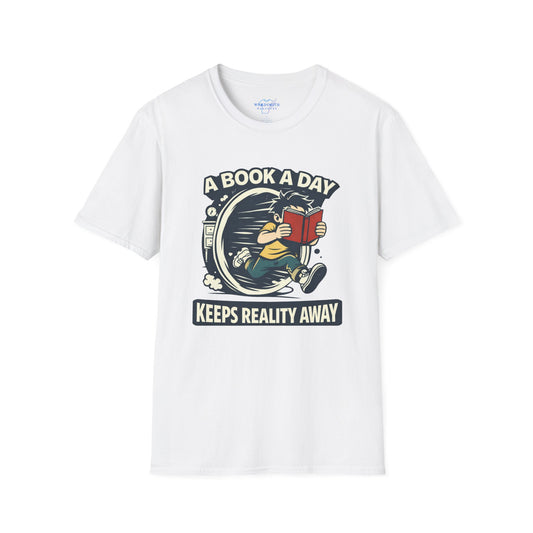 A Book a Day Keeps Reality Away – Funny Reader Escape Shirt (male character)