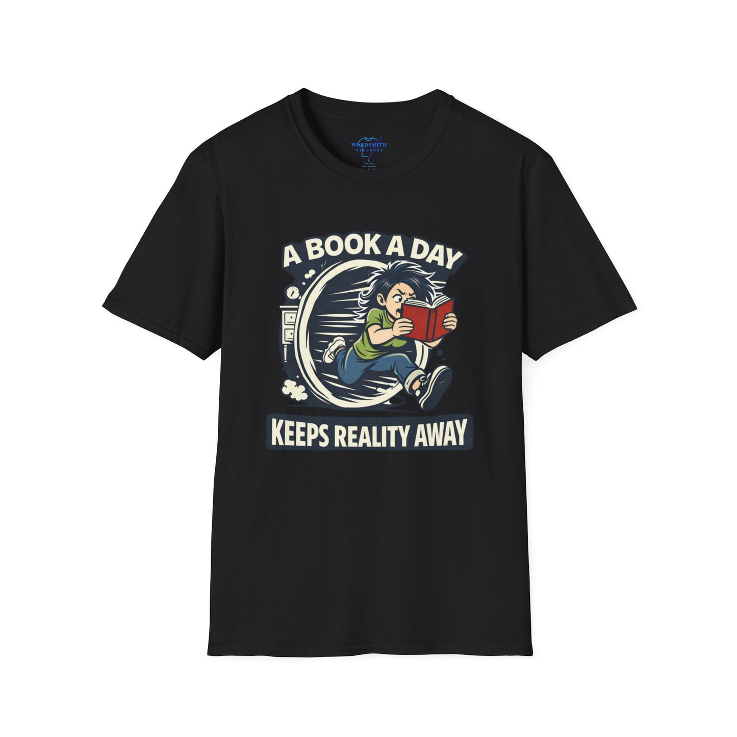 A Book a Day Keeps Reality Away – Girl Reader Escape Shirt (female character)