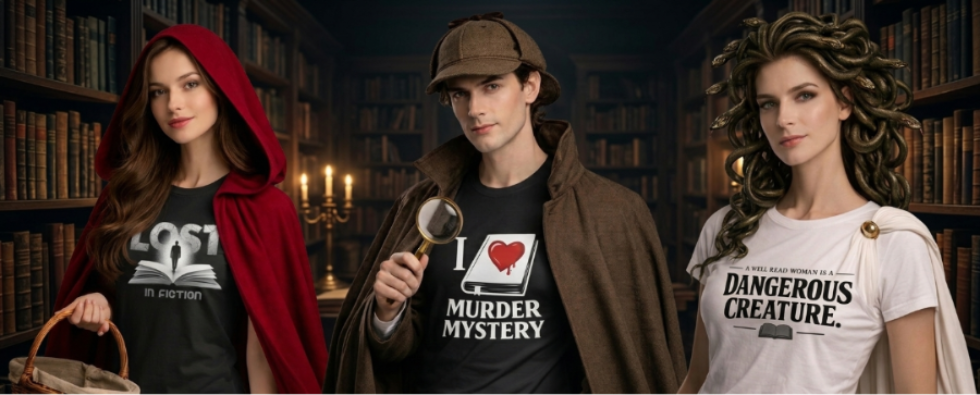 Little Red Riding Hood, Sherlock Holmes and a Medusa all wearing t-shirts from our collection.