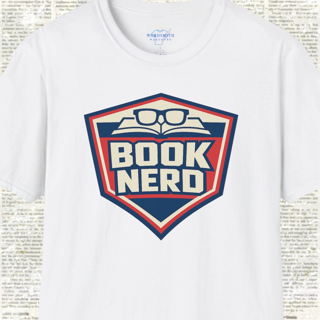 Book Nerd Shield Emblem Shirt - White