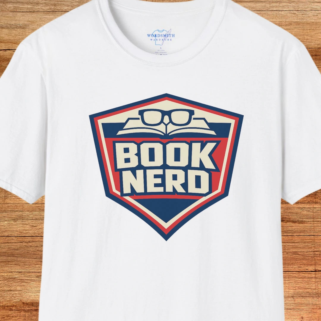 Book Nerd Shield Emblem Shirt - White