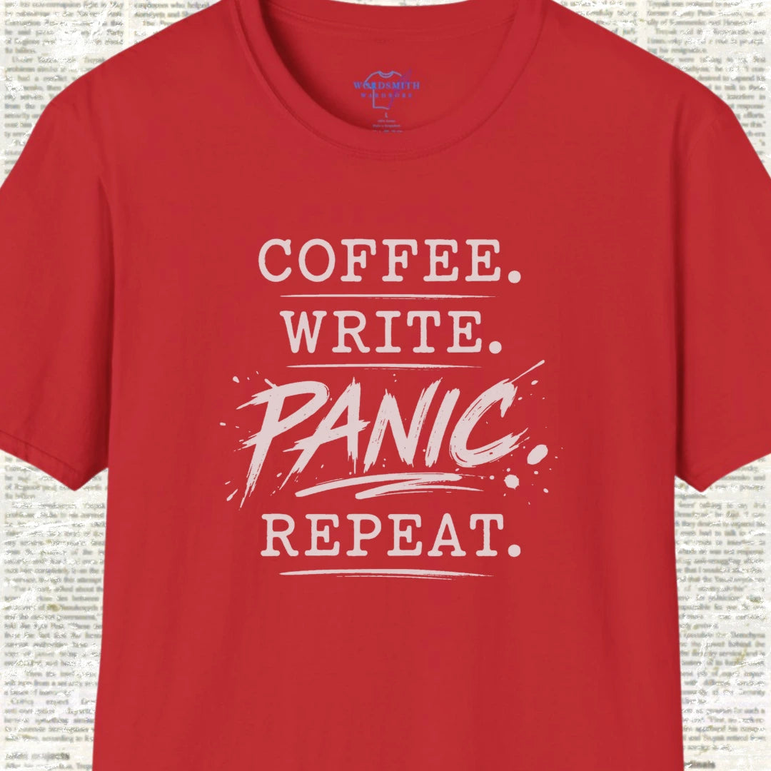 Coffee. Write. Panic. Repeat. – Shirt - Red