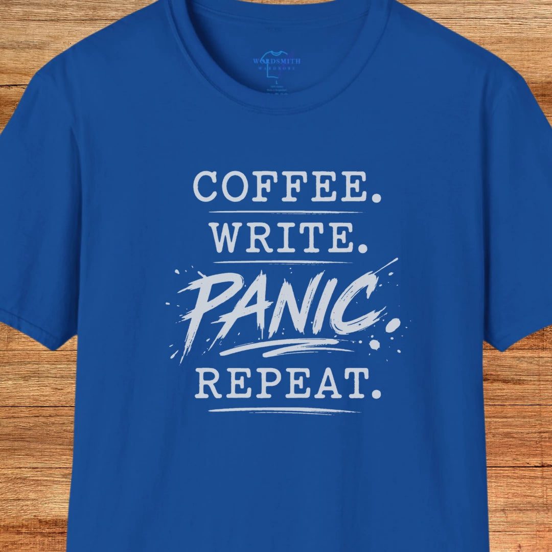 Coffee. Write. Panic. Repeat. – Shirt - Royal