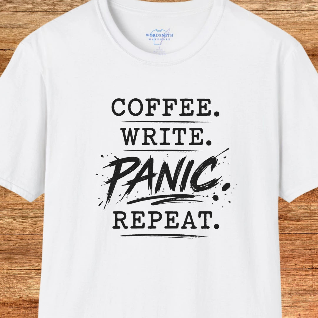 Coffee. Write. Panic. Repeat. – Shirt - White