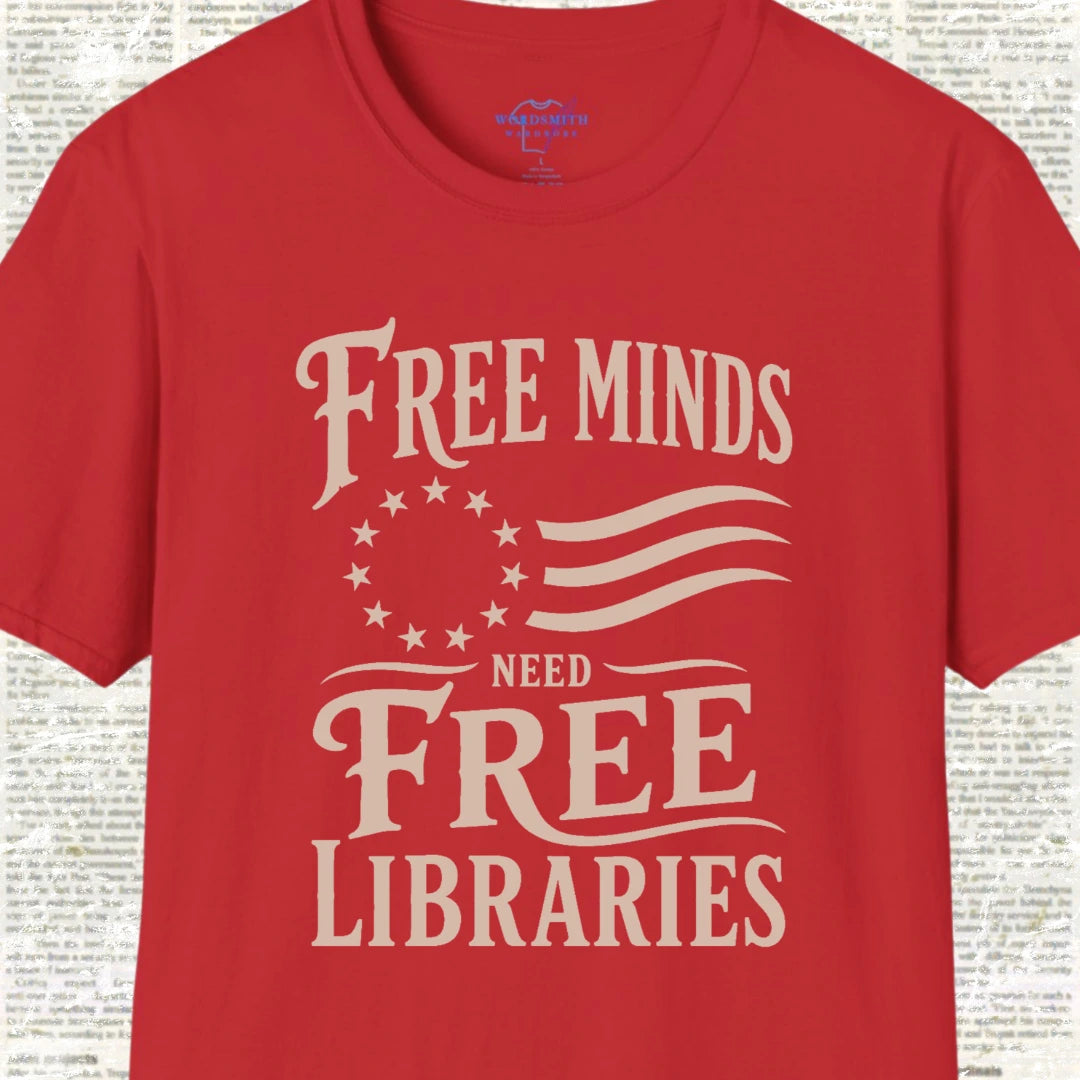 Free Minds Need Free Libraries T-Shirt - Red